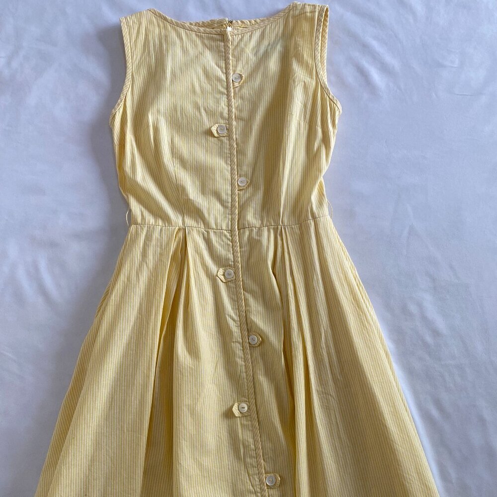 VTG Sue Brett 1960s yellow striped cotton A-line dress Women's Small pleats - Picture 2 of 13